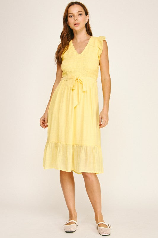 Solid Papaya Gauze Smocking Midi Skirt