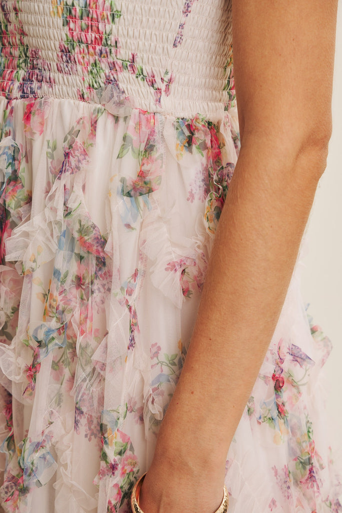 Textured Floral Smocked Midi Dress Tie Straps