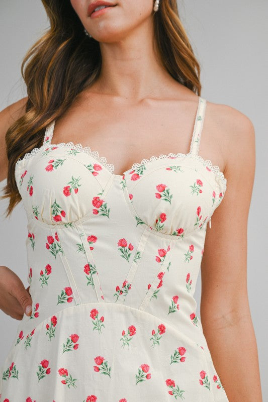 Floral Printed Lace Trim Back Lace Up Midi Dress