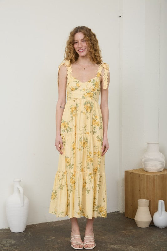 Floral Tie Strap With Scallop Lace Trim Midi Dress