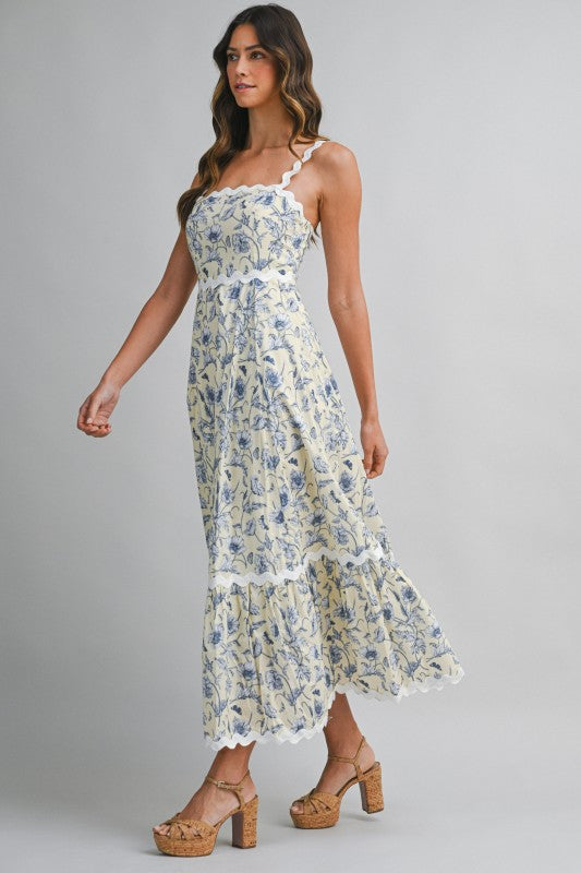 Floral Printed Ric-rac Trim Smocked Back Midi Dress