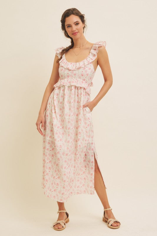 Romantic Floral Slit Midi Dress With Ruffles