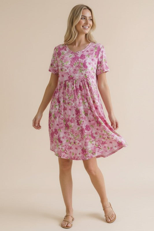 Round Neck Short Sleeve Babydoll Floral Dress
