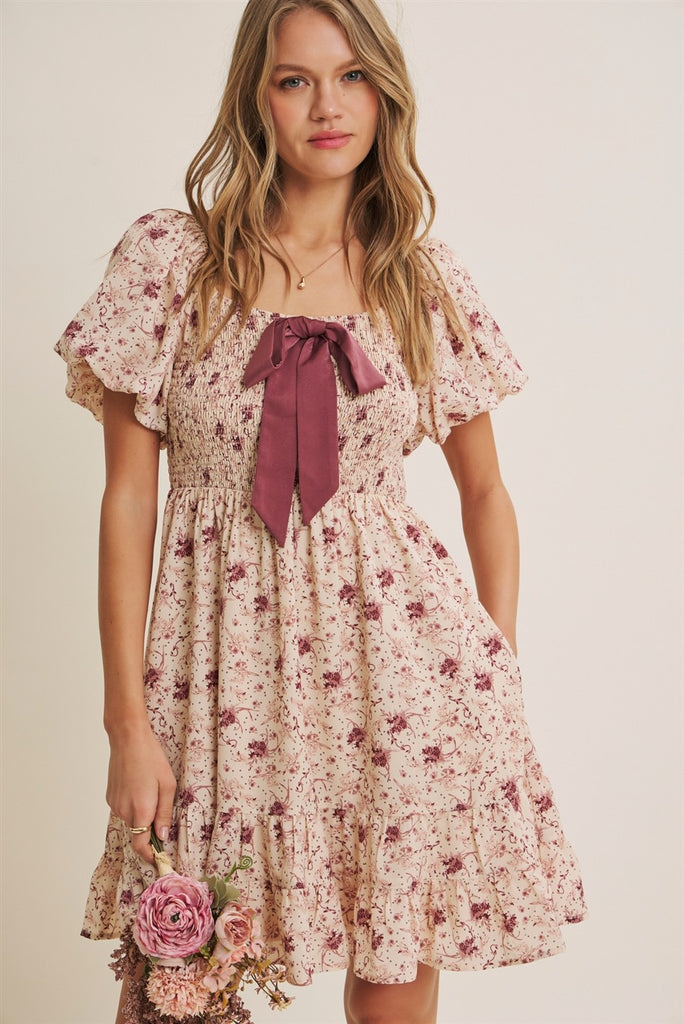 Autumn Garden Bow Smocked Mini Dress With Bubble Slvs