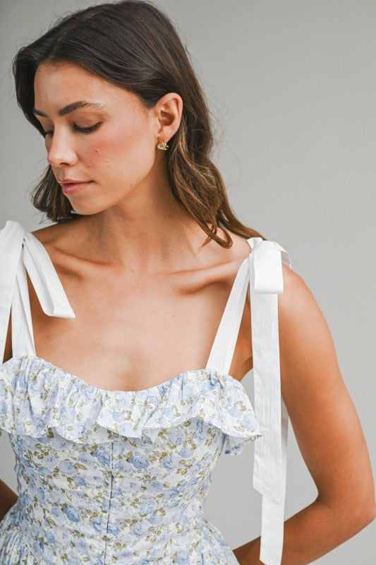 Floral Printed Contrast Shoulder Strap Midi Dress