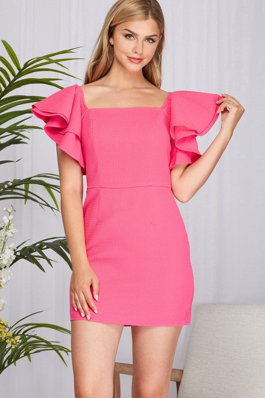 DOUBLE RUFFLED SLEEVE TEXTURED WOVEN DRESS