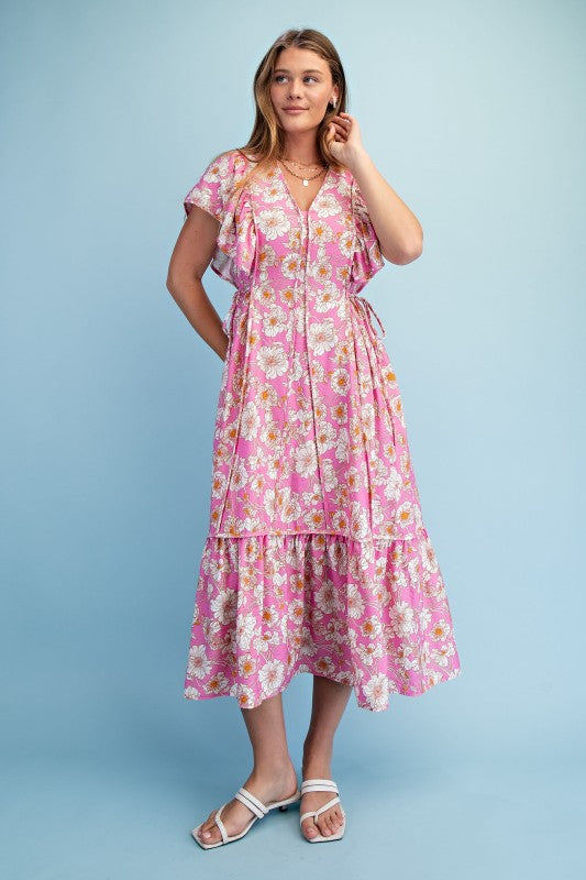 Vibrant Floral Print V-neck Midi Dress