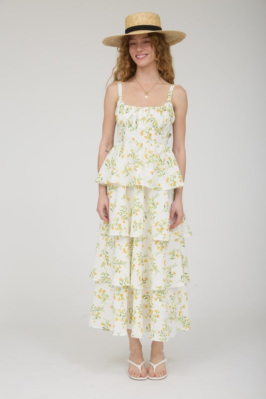 Floral Ruffle Tiered Back Tie Midi Dress