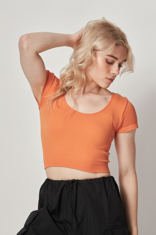 Stretchy Ribbed Seamless Lattice Back Crop Top