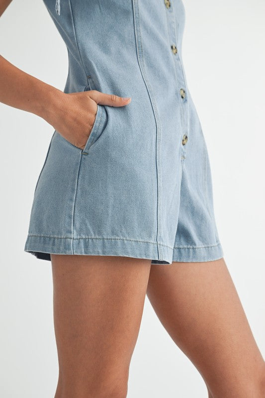 DENIM BUTTON DOWN ROMPER WITH SHOULDER TIE DETAIL