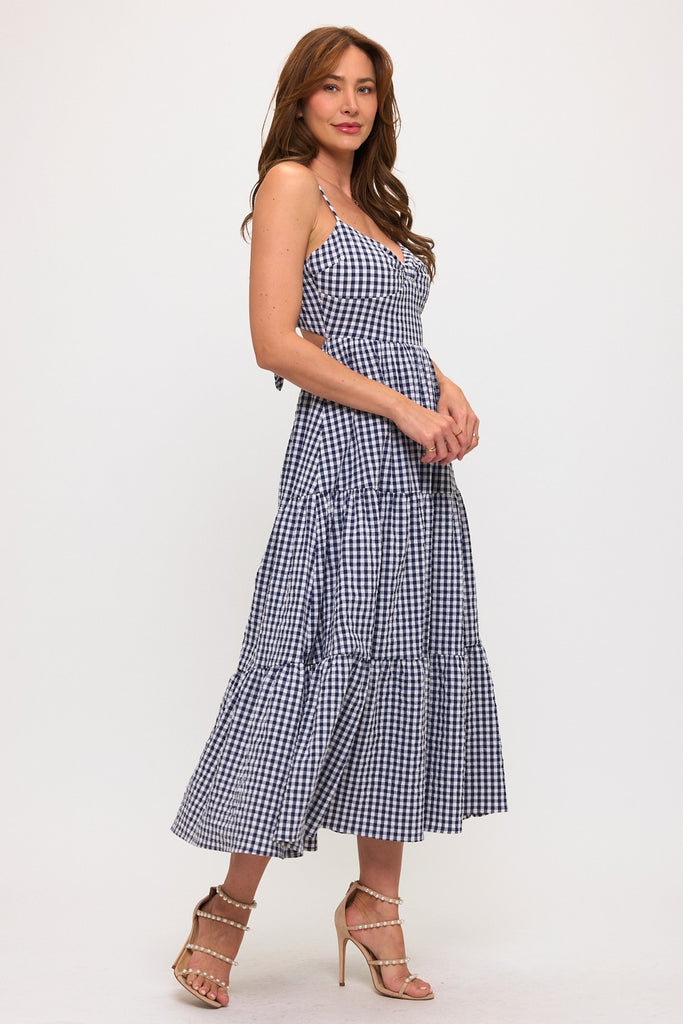 Gingham Bow Bust Tie Back Tiered Maxi Dress