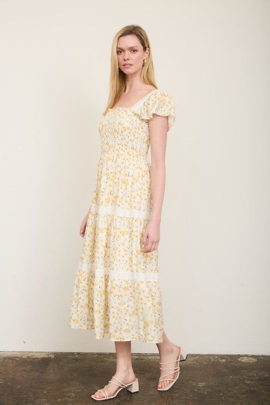 Floral Lace Trim Smocked Tiered Midi Dress