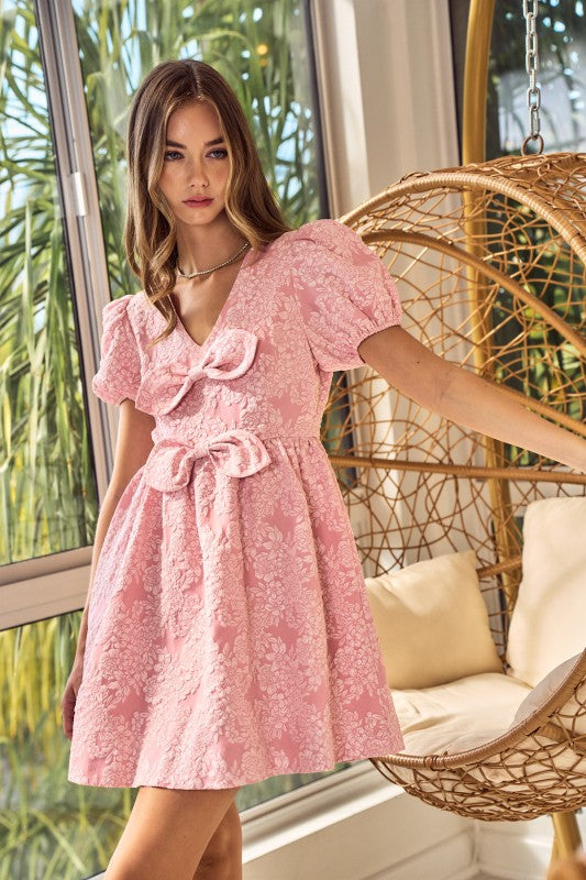 Jacquard Puff Sleeve Mini Dress Double Bow Detail