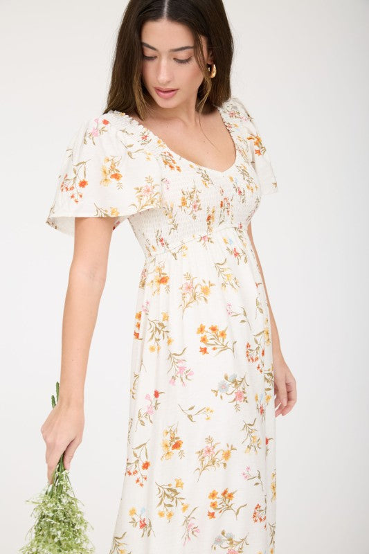 Floral Bell Sleeve Smocked Bust Midi Dress