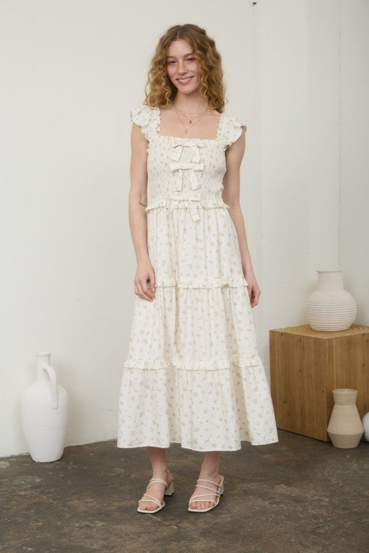Ditsy Floral Front Bow Smocked Tiered Midi Dress