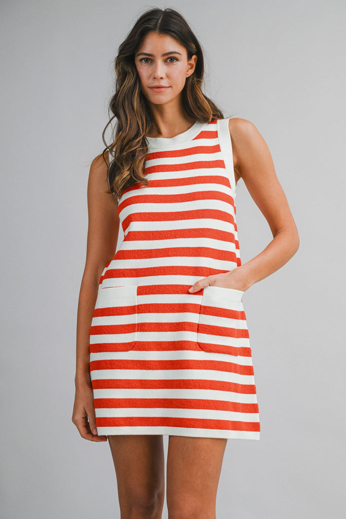 Striped Sleeveless Knit Mini Dress With Pockets