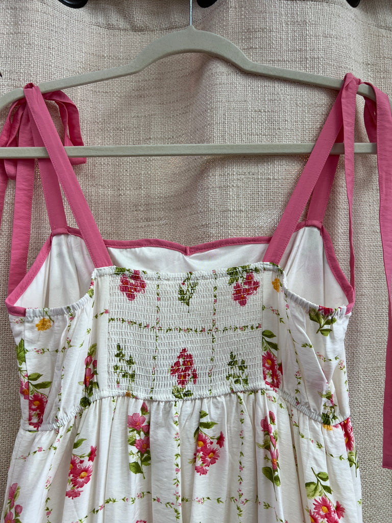 Floral Tile Pattern Scalloped Tie Strap Midi Dress
