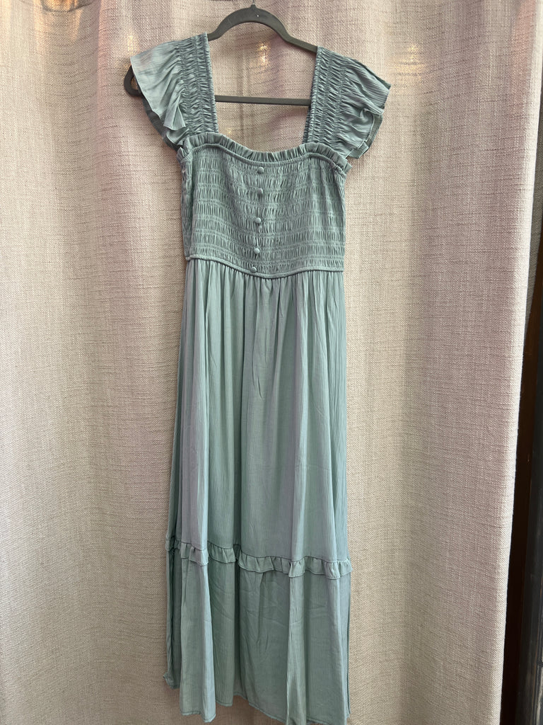 Mock Button Down Smocked Ruffle Detail Midi Dress