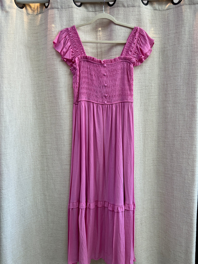 Mock Button Down Smocked Ruffle Detail Midi Dress