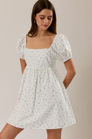 Puff Short Sleeve Square Neck Baby Doll Mini Dress