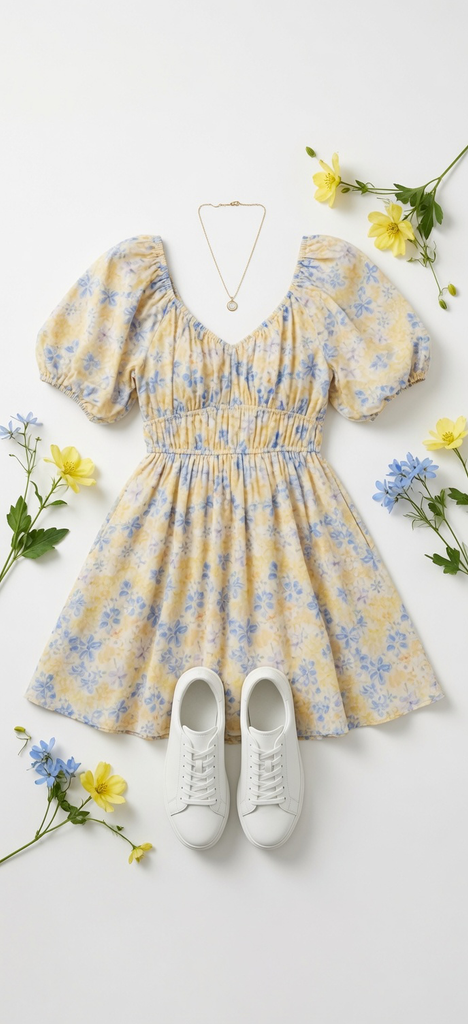 Spring Airy Watercolor Fit And Flare Mini Dress