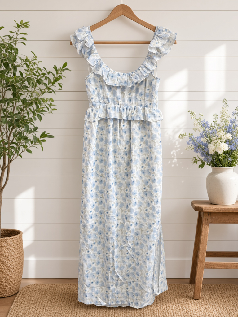 Romantic Floral Slit Midi Dress With Ruffles