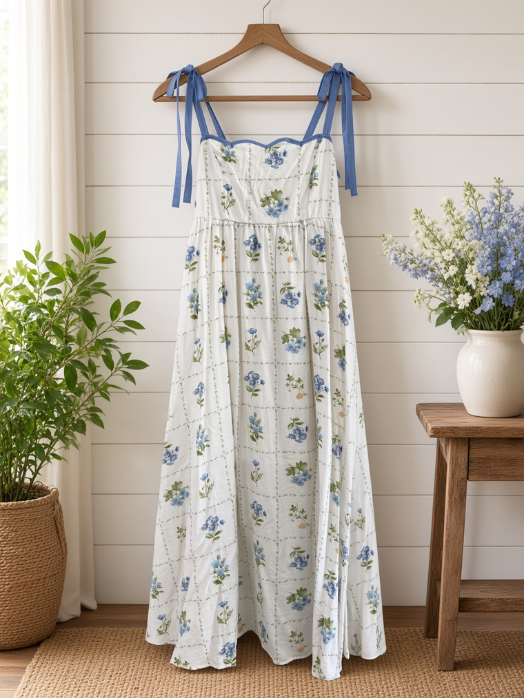 Floral Tile Pattern Scalloped Tie Strap Midi Dress