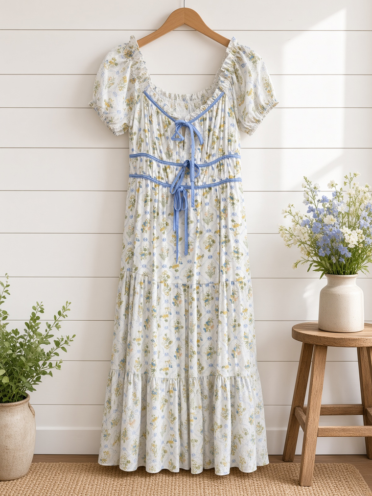 Floral Tile Print Contrast Tie Detail Midi Dress