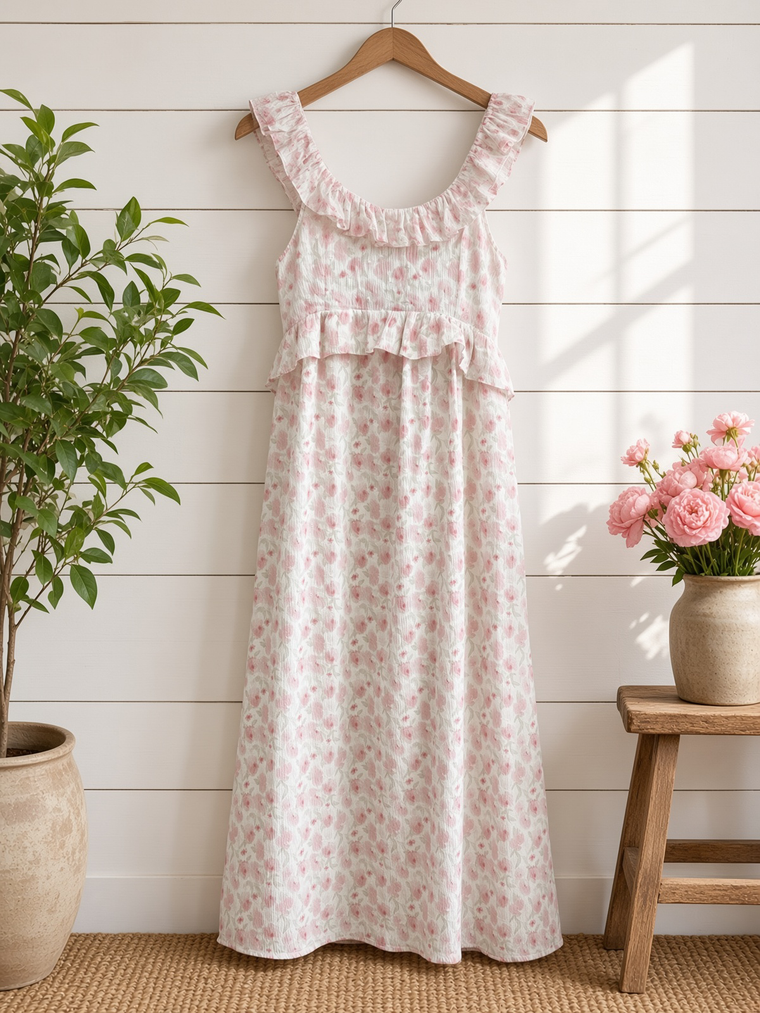 Romantic Floral Slit Midi Dress With Ruffles