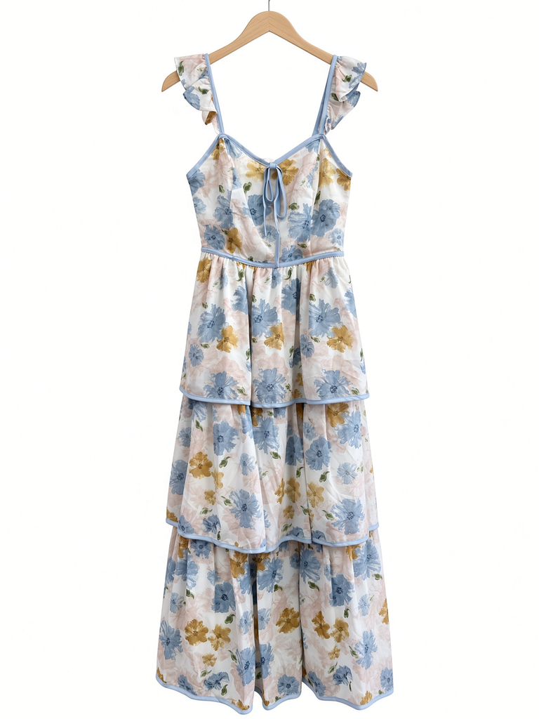 Floral Midi Dress With Ruffled Straps