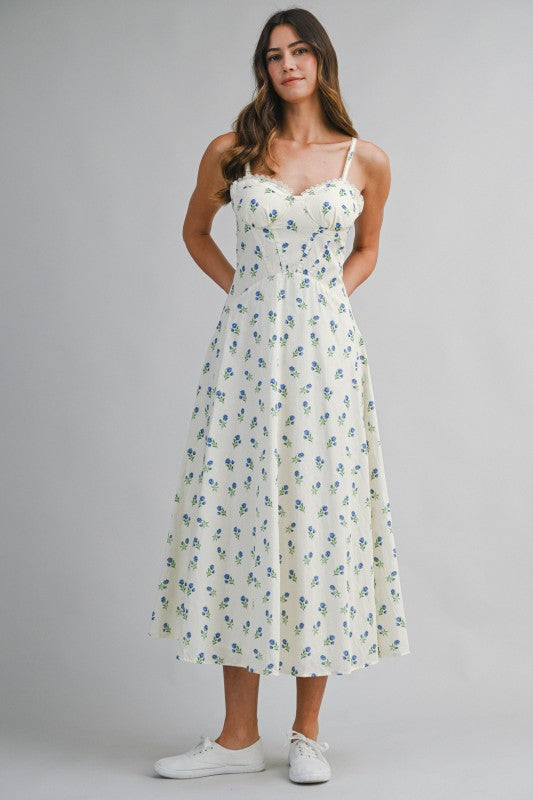 Floral Printed Lace Trim Back Lace Up Midi Dress