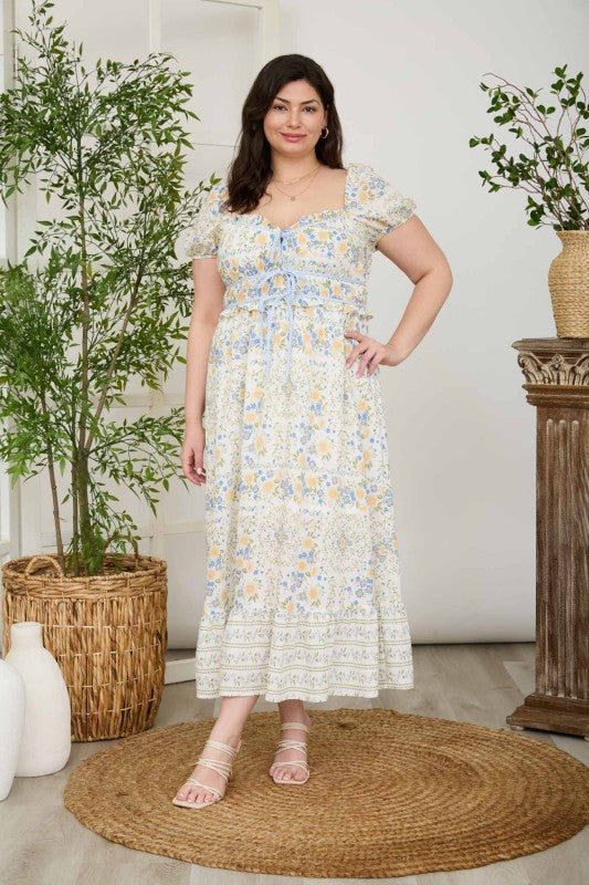 Floral Sweetheart Front Tie Puff Sleeve Midi Dress