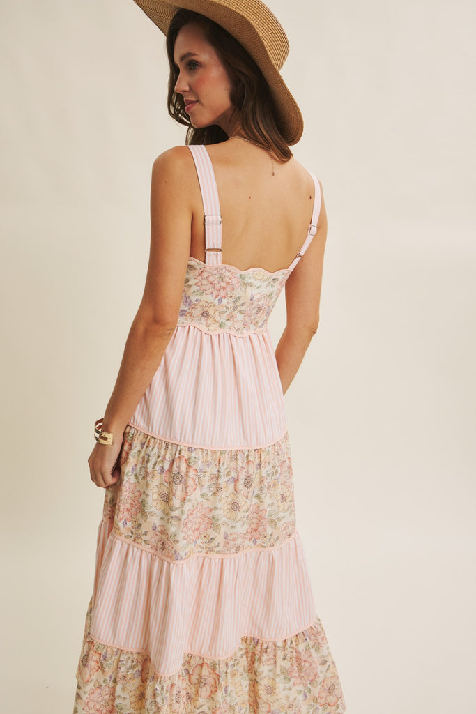 Dreamy Ideal Florals And Stripes Tiered Midi Dress