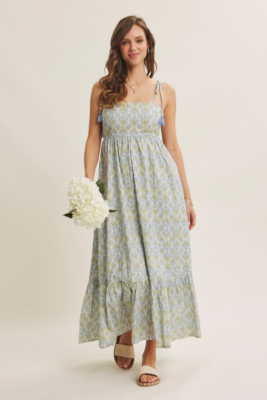 Garden Floral Open-back With Bow Cotton Midi Dress