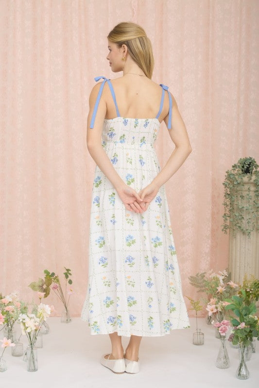 Floral Tile Pattern Scalloped Tie Strap Midi Dress