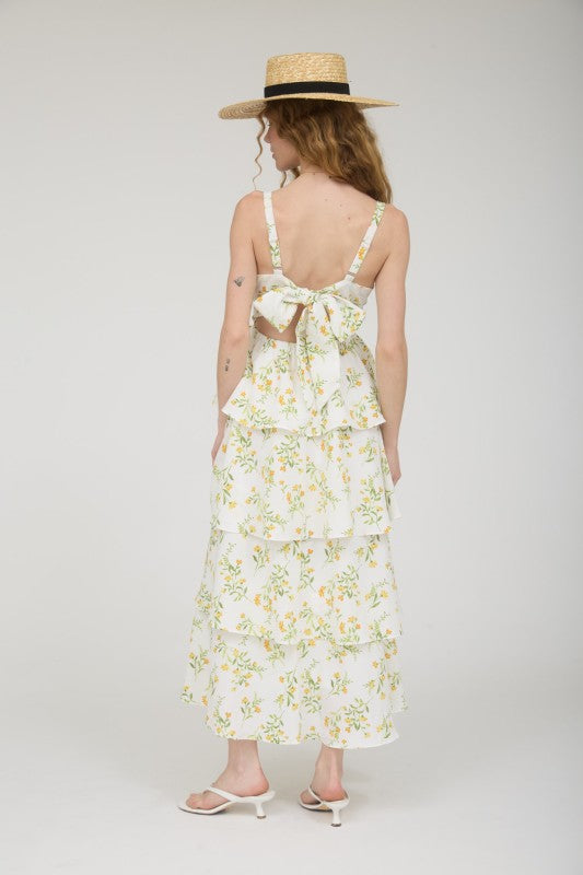Floral Ruffle Tiered Back Tie Midi Dress
