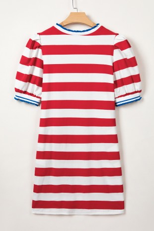 Stripe Contrast Trim Round Neck Short Puff Sleeve Dress