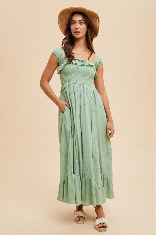 Smocked Maxi With Lace Trim Detail