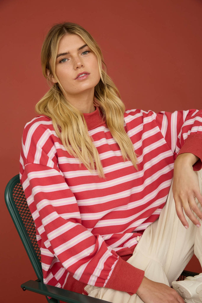 Contrast Wide Neck Long Sleeve Stripe Knit Top