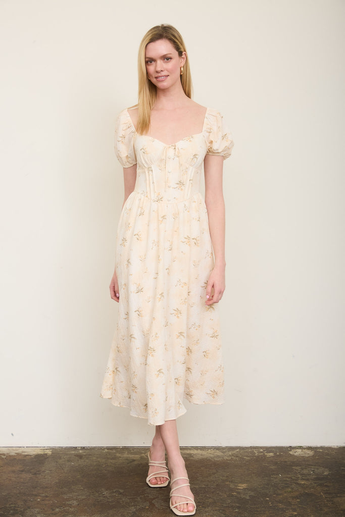 Floral Sweetheart Puff Sleeve Corset Midi Dress