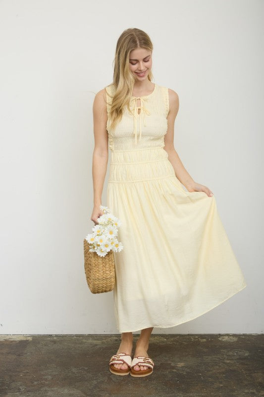 Front Tie Smocked Sleeveless Shirred Midi Dress