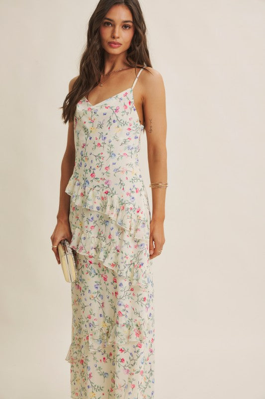 Floral Fantasy Asymmetrical Ruffled Maxi Dress