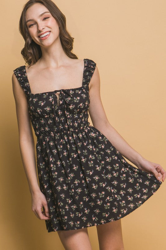Floral Print Elastic Waist N Back Mini Dress