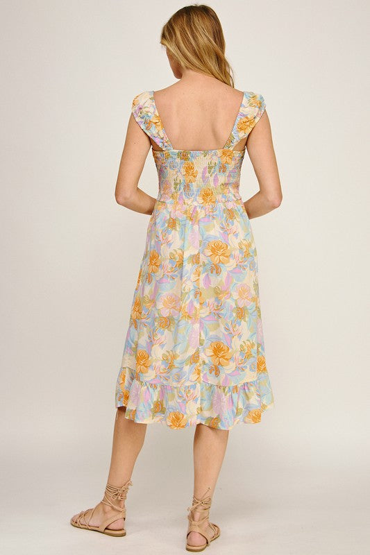 Airy Charm Printed Midi Dress With Elastic Sleeves