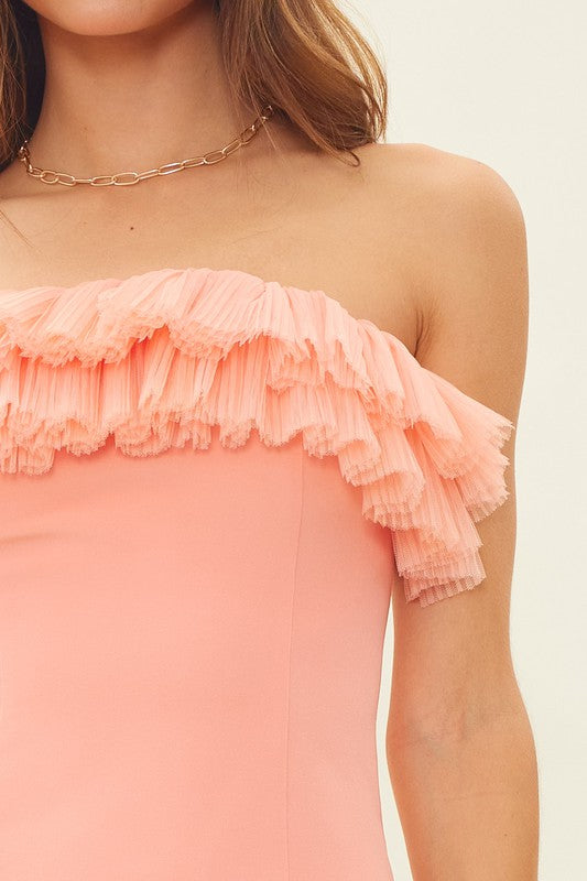 TIERED PLEAT DETAILED OFF SHOULDER MIINI DRESS