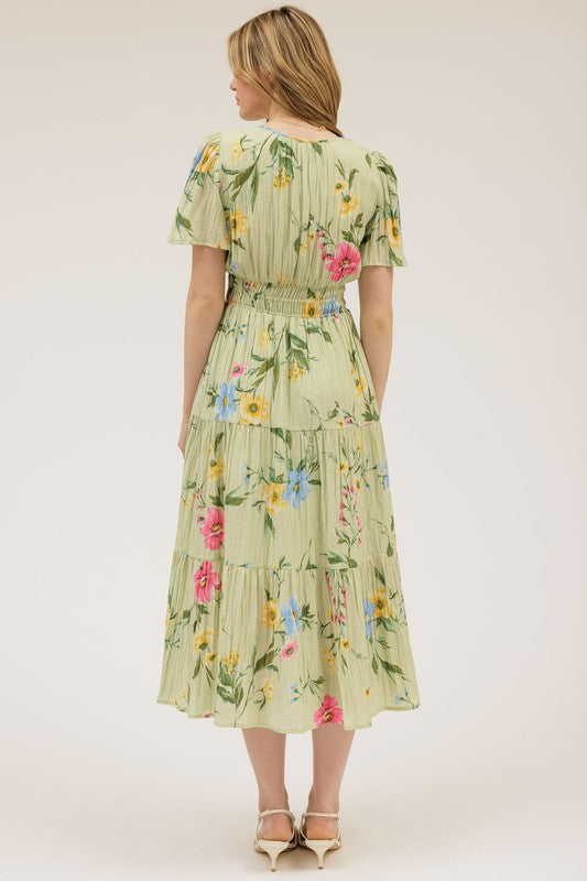 Multicolor Floral Short Sleeve Tiered Midi Dress