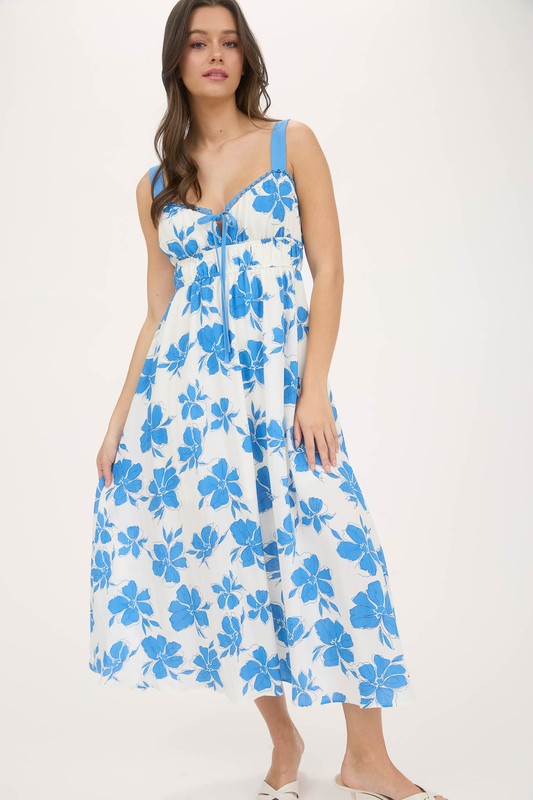 Floral Sweetheart Front Tie With Cutout Midi Dress