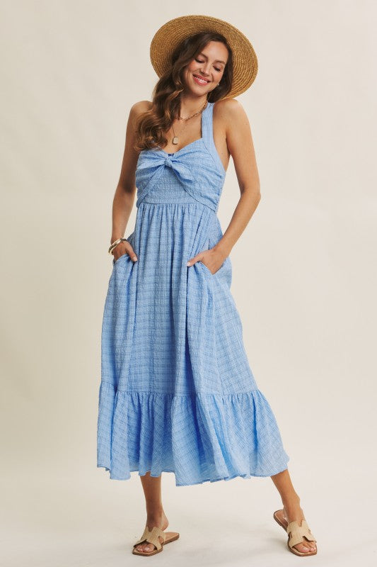 Mood-lifting Textured Flare Smocked Midi Dress
