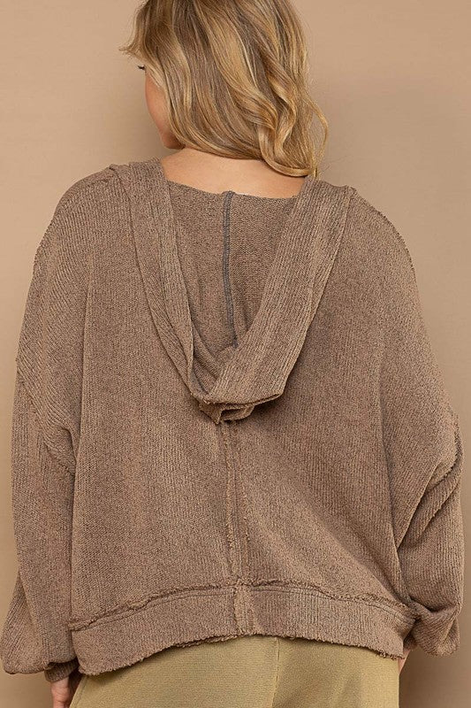 Round neck balloon sleeve hooded knit top
