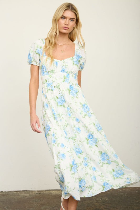 Floral Ruched Bust Puff Sleeve Midi Dress
